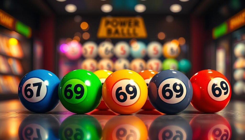 A beautifully arranged display of six colorful Powerball lottery balls, each emblazoned with a distinct number from 1 to 69. The foreground features the balls shining with a glossy finish, reflecting soft light in vivid hues of blue, red, green, yellow, orange, and purple. The middle layer includes a blurred background of a dimly lit lottery shop, creating a sense of depth and context. Gentle bokeh lights twinkle in the background, resembling stars or a playful night sky, enhancing the overall atmosphere of excitement and possibility. The scene is illuminated with warm, inviting lighting that highlights the balls' colors and textures. The composition captures a hopeful, optimistic mood, perfect for conveying the thrill of winning. A beautifully arranged display of six colorful Powerball lottery balls, each emblazoned with a distinct number from 1 to 69. The foreground features the balls shining with a glossy finish, reflecting soft light in vivid hues of blue, red, green, yellow, orange, and purple. The middle layer includes a blurred background of a dimly lit lottery shop, creating a sense of depth and context. Gentle bokeh lights twinkle in the background, resembling stars or a playful night sky, enhancing the overall atmosphere of excitement and possibility. The scene is illuminated with warm, inviting lighting that highlights the balls' colors and textures. The composition captures a hopeful, optimistic mood, perfect for conveying the thrill of winning.
