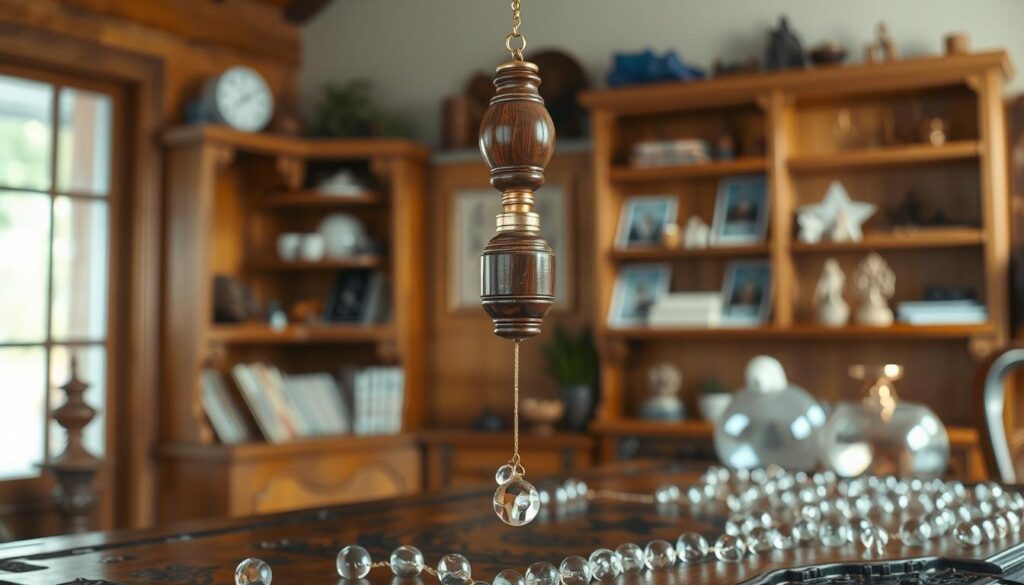 A beautifully crafted pendulum made of polished wood and brass swings softly in the foreground, delicately suspended from a fine chain. The pendulum is positioned above an ornate wooden table covered with crystal beads that catch glimmers of light. In the middle ground, a serene, softly lit room features warm wooden shelves filled with various mystical objects, such as tarot cards and crystals, creating an atmosphere of introspection and decision-making. The background shows a softly blurred window allowing gentle, natural light to filter in, enhancing the tranquil mood. The image is taken from a slightly elevated angle, giving a clear view of the pendulum’s movement, conveying a sense of calm and focus, perfect for illustrating the use of a pendulum for decision-making. A beautifully crafted pendulum made of polished wood and brass swings softly in the foreground, delicately suspended from a fine chain. The pendulum is positioned above an ornate wooden table covered with crystal beads that catch glimmers of light. In the middle ground, a serene, softly lit room features warm wooden shelves filled with various mystical objects, such as tarot cards and crystals, creating an atmosphere of introspection and decision-making. The background shows a softly blurred window allowing gentle, natural light to filter in, enhancing the tranquil mood. The image is taken from a slightly elevated angle, giving a clear view of the pendulum’s movement, conveying a sense of calm and focus, perfect for illustrating the use of a pendulum for decision-making.