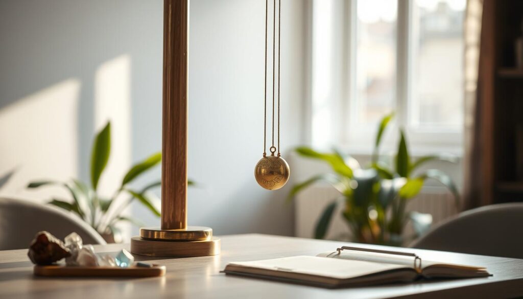 A beautifully crafted pendulum suspended from a polished wooden stand, delicately swinging back and forth in an elegant motion. The pendulum is made of brass with intricate engravings, reflecting soft ambient light that creates a warm glow. In the foreground, a smooth, light-colored table holds a small collection of crystals and a notebook, hinting at decision-making. The middle ground features the pendulum in action, capturing its moment of motion, while the background softly blurs into a serene, well-lit room with gentle green plants peeking in, adding to the calming atmosphere. The scene is lit with natural sunlight streaming through a window, casting gentle shadows that enhance the tranquility and reflective mood. The angle of the shot is slightly tilted, providing a dynamic perspective on the pendulum's movement without any text or overlays. A beautifully crafted pendulum suspended from a polished wooden stand, delicately swinging back and forth in an elegant motion. The pendulum is made of brass with intricate engravings, reflecting soft ambient light that creates a warm glow. In the foreground, a smooth, light-colored table holds a small collection of crystals and a notebook, hinting at decision-making. The middle ground features the pendulum in action, capturing its moment of motion, while the background softly blurs into a serene, well-lit room with gentle green plants peeking in, adding to the calming atmosphere. The scene is lit with natural sunlight streaming through a window, casting gentle shadows that enhance the tranquility and reflective mood. The angle of the shot is slightly tilted, providing a dynamic perspective on the pendulum's movement without any text or overlays.