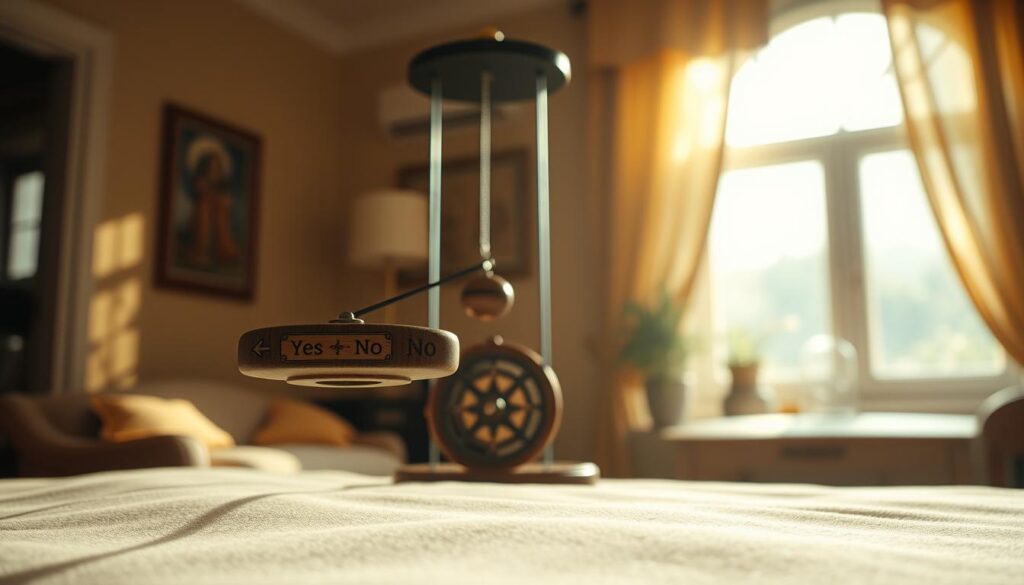 A beautifully crafted wooden pendulum with a polished finish, gracefully swinging above a soft, textured surface, is positioned in the foreground. The pendulum swings in a gentle arc, captivating the viewer with its mesmerizing motion. In the middle ground, an ornate compass-like base serves as the pendulum's anchor, adorned with intricate carvings and symbols representing 'Yes' and 'No'. The background features a warm, softly lit room with subtle shadows that add depth, creating an inviting, tranquil atmosphere. Soft sunlight filters through a nearby window, illuminating the pendulum and casting delicate reflections on the surface below. The overall mood is serene and contemplative, evoking a sense of calm decision-making and introspection. A beautifully crafted wooden pendulum with a polished finish, gracefully swinging above a soft, textured surface, is positioned in the foreground. The pendulum swings in a gentle arc, captivating the viewer with its mesmerizing motion. In the middle ground, an ornate compass-like base serves as the pendulum's anchor, adorned with intricate carvings and symbols representing 'Yes' and 'No'. The background features a warm, softly lit room with subtle shadows that add depth, creating an inviting, tranquil atmosphere. Soft sunlight filters through a nearby window, illuminating the pendulum and casting delicate reflections on the surface below. The overall mood is serene and contemplative, evoking a sense of calm decision-making and introspection.