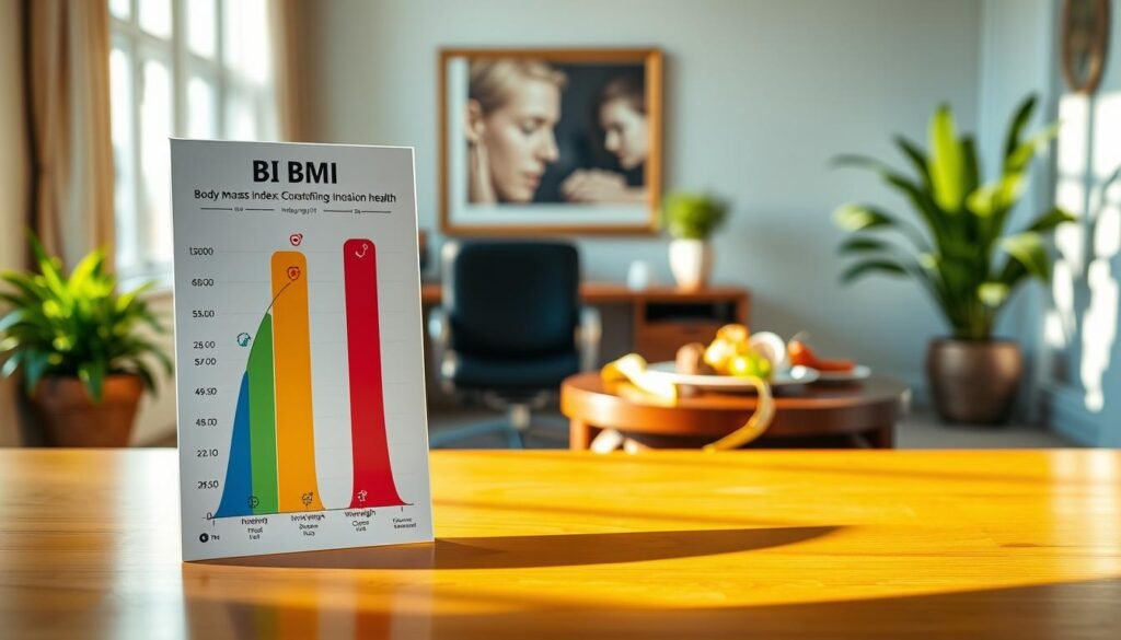 A beautifully designed BMI indicator chart prominently displayed in the foreground, showcasing a clear and colorful graphical representation of Body Mass Index categories (underweight, normal weight, overweight, and obese). Each category is visually distinct with vibrant colors and intuitive symbols. In the middle ground, an elegant, softly lit office setting with a wooden desk, measuring tape, and a healthy meal plate to emphasize wellness. The background features a warm, sunlit room with green plants adding a fresh vibe. The lighting is soft and inviting, casting gentle shadows that create a calm and informative atmosphere. The overall mood is professional and educational, reflecting the importance of understanding BMI in everyday health. A beautifully designed BMI indicator chart prominently displayed in the foreground, showcasing a clear and colorful graphical representation of Body Mass Index categories (underweight, normal weight, overweight, and obese). Each category is visually distinct with vibrant colors and intuitive symbols. In the middle ground, an elegant, softly lit office setting with a wooden desk, measuring tape, and a healthy meal plate to emphasize wellness. The background features a warm, sunlit room with green plants adding a fresh vibe. The lighting is soft and inviting, casting gentle shadows that create a calm and informative atmosphere. The overall mood is professional and educational, reflecting the importance of understanding BMI in everyday health.