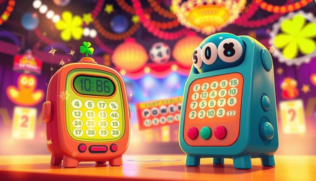 A bright and cheerful illustration of a friendly, cartoon-style lucky number generator designed specifically for Powerball. In the foreground, depict the generator as a whimsical machine with oversized buttons and a glowing display showing colorful, randomly selected numbers. Surround it with sparkles and lucky symbols like four-leaf clovers and horseshoes to amplify the mood of luck and excitement. In the middle ground, include a colorful Powerball ticket partially displayed, reinforcing the lottery theme. In the background, create a soft, blurred scene of a lively lottery drawing stage, adorned with bright lights and festive decorations. Ensure the lighting is warm and inviting, creating a joyful atmosphere. The angle should be slightly tilted to convey a sense of playfulness and engagement, drawing viewers into the world of winning possibilities.