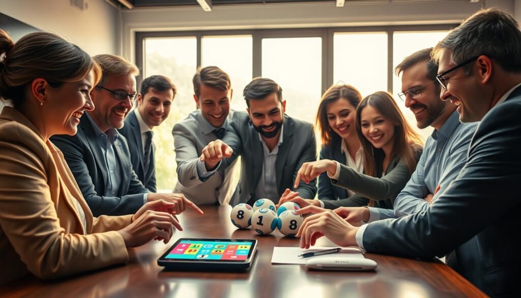 A bright, inviting scene showcasing a diverse group of adults in professional business attire gathered around a modern table, enthusiastically discussing Powerball numbers. The foreground features a smartphone or tablet displaying a colorful Lucky Number Generator app interface, with bright, attention-grabbing colors and graphics. In the middle, characters are engaged, pointing at the screen, with expressions of excitement and curiosity. The background displays a large window with natural sunlight streaming in, illuminating the room, adding warmth to the atmosphere. The overall mood is energetic and optimistic, embodying a sense of hope and fun associated with playing Powerball. Use soft, diffused lighting to enhance the friendly environment, captured with a slight angle to create depth.