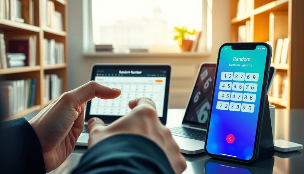 A clear, instructional scene depicting how to use a random number generator. In the foreground, a close-up of a sleek smartphone displaying a user-friendly random number generator app, its colorful interface catching the eye. A hand in professional attire gently taps the screen, emphasizing user interaction. In the middle, a modern, light-filled workspace is visible, with a laptop open to a spreadsheet filled with numbers, illustrating data organization. The background features shelves filled with books about mathematics and technology, reflecting a sense of learning and innovation. Soft, natural lighting pours in from a nearby window, creating an inviting and focused atmosphere. The overall mood is motivating and educational, perfect for illustrating the process of generating numbers easily and instantly. A clear, instructional scene depicting how to use a random number generator. In the foreground, a close-up of a sleek smartphone displaying a user-friendly random number generator app, its colorful interface catching the eye. A hand in professional attire gently taps the screen, emphasizing user interaction. In the middle, a modern, light-filled workspace is visible, with a laptop open to a spreadsheet filled with numbers, illustrating data organization. The background features shelves filled with books about mathematics and technology, reflecting a sense of learning and innovation. Soft, natural lighting pours in from a nearby window, creating an inviting and focused atmosphere. The overall mood is motivating and educational, perfect for illustrating the process of generating numbers easily and instantly.