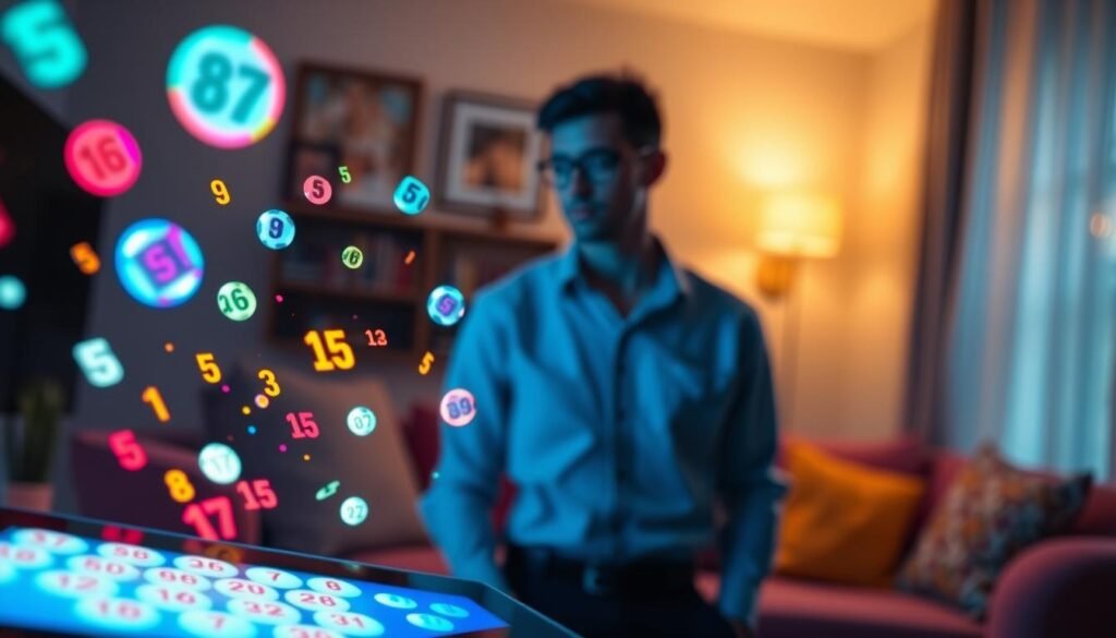 A close-up of a digital screen displaying a colorful and vibrant Powerball number generator interface. The foreground features a sleek, modern device with bright numbers flying around in dynamic motion, symbolizing chances and possibilities. In the middle, a user thoughtfully contemplates their unique number combinations, depicted as a silhouette wearing smart casual attire, illuminated softly by the glowing screen. In the background, a blurred image of a cozy, inviting living room with warm lighting, creating a comfortable atmosphere. The overall mood is hopeful and inspired, suggesting excitement and personal connection to the lottery experience. The composition is captured from a slightly elevated angle to emphasize the interaction between the user and the number generator, with each detail vividly highlighting the theme of customizing lucky Powerball picks. A close-up of a digital screen displaying a colorful and vibrant Powerball number generator interface. The foreground features a sleek, modern device with bright numbers flying around in dynamic motion, symbolizing chances and possibilities. In the middle, a user thoughtfully contemplates their unique number combinations, depicted as a silhouette wearing smart casual attire, illuminated softly by the glowing screen. In the background, a blurred image of a cozy, inviting living room with warm lighting, creating a comfortable atmosphere. The overall mood is hopeful and inspired, suggesting excitement and personal connection to the lottery experience. The composition is captured from a slightly elevated angle to emphasize the interaction between the user and the number generator, with each detail vividly highlighting the theme of customizing lucky Powerball picks.