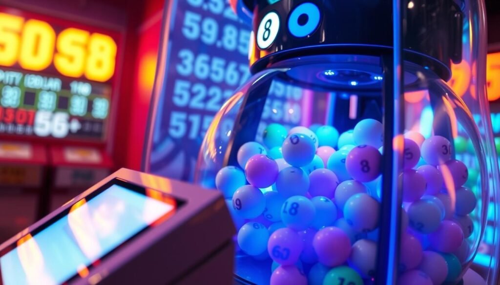 A close-up view of a modern Powerball generator in action, surrounded by vibrant, illuminated lottery balls in various colors, each representing potential winning numbers. In the foreground, showcase the machine's sleek design with an interactive touchscreen displayed at an angle, emanating a gentle glow. In the middle ground, emphasize the swirling motion of the balls within the generator, capturing a sense of excitement and anticipation. The background features a soft-focus image of a lottery booth or a digital display showing dynamic number animations, creating an engaging atmosphere. Utilize bright, cheerful lighting to reflect the thrill of playing the lottery, and incorporate a slight lens flare effect to enhance the sense of wonder. Avoid any text or human figures to maintain focus on the generator itself. A close-up view of a modern Powerball generator in action, surrounded by vibrant, illuminated lottery balls in various colors, each representing potential winning numbers. In the foreground, showcase the machine's sleek design with an interactive touchscreen displayed at an angle, emanating a gentle glow. In the middle ground, emphasize the swirling motion of the balls within the generator, capturing a sense of excitement and anticipation. The background features a soft-focus image of a lottery booth or a digital display showing dynamic number animations, creating an engaging atmosphere. Utilize bright, cheerful lighting to reflect the thrill of playing the lottery, and incorporate a slight lens flare effect to enhance the sense of wonder. Avoid any text or human figures to maintain focus on the generator itself.