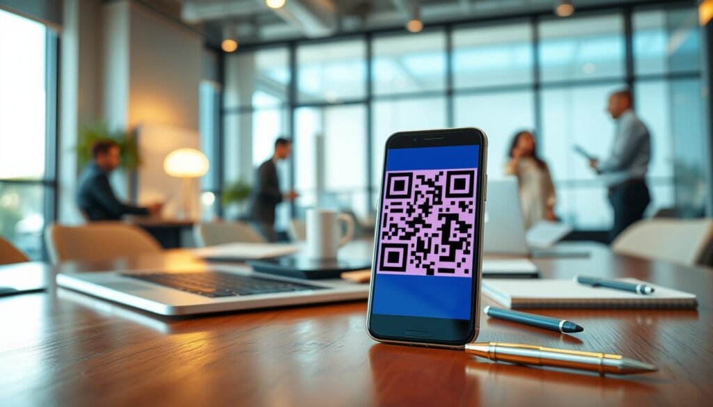 A close-up view of a smartphone displaying a vibrant QR code, surrounded by various business-related items such as a laptop, notepad, and pen on an elegantly designed wooden desk. In the background, there’s a blurred view of a modern office environment with people in professional attire engaged in discussions, emphasizing collaboration and growth. Warm, natural lighting streams in through a large window, casting soft highlights across the scene. The atmosphere is inviting and productive, conveying a sense of innovation and opportunity. Emphasize the importance of QR codes as a tool for business growth, capturing a moment of engagement with technology. A close-up view of a smartphone displaying a vibrant QR code, surrounded by various business-related items such as a laptop, notepad, and pen on an elegantly designed wooden desk. In the background, there’s a blurred view of a modern office environment with people in professional attire engaged in discussions, emphasizing collaboration and growth. Warm, natural lighting streams in through a large window, casting soft highlights across the scene. The atmosphere is inviting and productive, conveying a sense of innovation and opportunity. Emphasize the importance of QR codes as a tool for business growth, capturing a moment of engagement with technology.