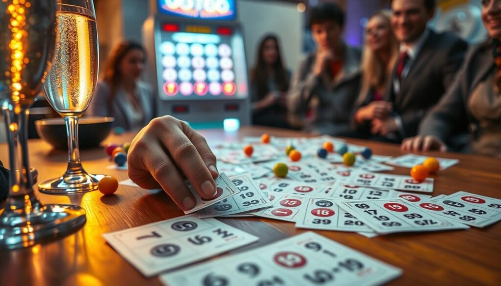 A close-up view of a wooden table scattered with glossy Powerball lottery tickets, featuring vibrant colored balls with the numbers 1 to 69, hinting at a game of chance. In the foreground, a hand is carefully selecting six distinct numbers from an array of tickets, with a slight shimmer of excitement in the atmosphere. To the left, a sparkling glass of champagne sits waiting, suggesting a celebratory mood. The middle ground highlights a soft-focus display of a glowing lottery machine, with bright lights reflecting off its surface, evoking anticipation. The background features blurred images of friends or family, dressed in casual yet neat clothing, eagerly watching, adding to the collaborative spirit of choice. The overall lighting is warm and inviting, creating a sense of hope and possibility around the act of selecting lucky numbers. A close-up view of a wooden table scattered with glossy Powerball lottery tickets, featuring vibrant colored balls with the numbers 1 to 69, hinting at a game of chance. In the foreground, a hand is carefully selecting six distinct numbers from an array of tickets, with a slight shimmer of excitement in the atmosphere. To the left, a sparkling glass of champagne sits waiting, suggesting a celebratory mood. The middle ground highlights a soft-focus display of a glowing lottery machine, with bright lights reflecting off its surface, evoking anticipation. The background features blurred images of friends or family, dressed in casual yet neat clothing, eagerly watching, adding to the collaborative spirit of choice. The overall lighting is warm and inviting, creating a sense of hope and possibility around the act of selecting lucky numbers.