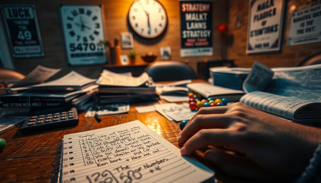 A close-up view of a wooden table scattered with various lottery tickets and strategy guides. In the foreground, an open notebook filled with handwritten notes and a calculator lie next to a small stack of colorful, numbered balls. In the middle, a hand reaches for a ticket, emphasizing the act of choosing numbers. The background shows a softly lit room with a wall clock and motivational posters about luck and strategy. The mood is focused and contemplative, with warm lighting creating an inviting atmosphere. Use a shallow depth of field to highlight the detail in the lottery tickets and notes, while gently blurring the background elements to create a sense of intimacy and seriousness in the pursuit of winning strategies. A close-up view of a wooden table scattered with various lottery tickets and strategy guides. In the foreground, an open notebook filled with handwritten notes and a calculator lie next to a small stack of colorful, numbered balls. In the middle, a hand reaches for a ticket, emphasizing the act of choosing numbers. The background shows a softly lit room with a wall clock and motivational posters about luck and strategy. The mood is focused and contemplative, with warm lighting creating an inviting atmosphere. Use a shallow depth of field to highlight the detail in the lottery tickets and notes, while gently blurring the background elements to create a sense of intimacy and seriousness in the pursuit of winning strategies.