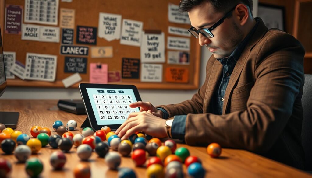 A close-up view of an individual sitting at a modern wooden desk, deeply focused on selecting lotto numbers from a vibrant, colorful array of number balls scattered on the surface. The person, dressed in smart casual attire, is using a sleek tablet that displays a digital number generator, illuminated by soft, warm lighting. In the background, a corkboard filled with past winning tickets and inspirational quotes adds a sense of motivation. The overall atmosphere conveys anticipation and excitement, with a cozy home office feel. The composition should have a shallow depth of field to emphasize the individual and the tablet, while softly blurring the background for a professional look. A close-up view of an individual sitting at a modern wooden desk, deeply focused on selecting lotto numbers from a vibrant, colorful array of number balls scattered on the surface. The person, dressed in smart casual attire, is using a sleek tablet that displays a digital number generator, illuminated by soft, warm lighting. In the background, a corkboard filled with past winning tickets and inspirational quotes adds a sense of motivation. The overall atmosphere conveys anticipation and excitement, with a cozy home office feel. The composition should have a shallow depth of field to emphasize the individual and the tablet, while softly blurring the background for a professional look.