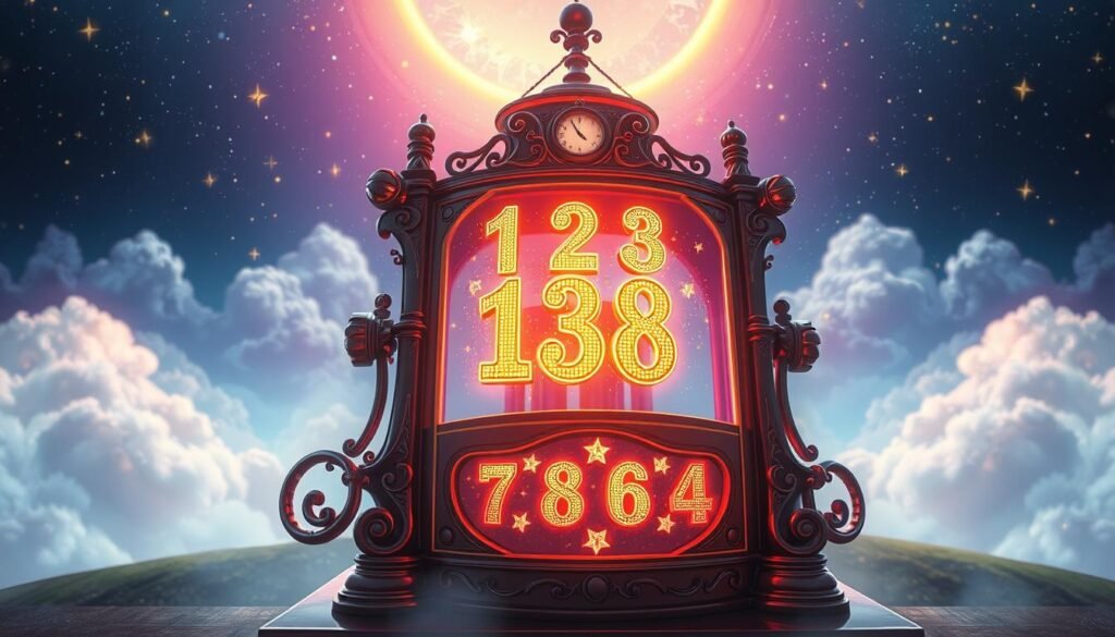 A colorful and enchanting illustration of a "Lucky Number Generator" concept, featuring a whimsical, ornate machine with glowing numbers cascading from it. In the foreground, a beautifully designed metallic device displays an array of vibrant, illuminated numbers, sparkling with a magical aura. The middle layer showcases a soft light emanating from the machine, creating a warm, inviting glow, surrounded by subtle symbols of numerology, like stars and geometric shapes. The background depicts a dreamy landscape filled with ethereal clouds and a starry night sky, enhancing the mystical vibe of luck and fortune. The overall atmosphere is bright and cheerful, evoking a sense of wonder and curiosity, inviting viewers to explore the magic behind lucky numbers. Soft, diffused lighting adds to the magical ambiance, with a cinematic angle that highlights the intricacy of the generator's design. A colorful and enchanting illustration of a "Lucky Number Generator" concept, featuring a whimsical, ornate machine with glowing numbers cascading from it. In the foreground, a beautifully designed metallic device displays an array of vibrant, illuminated numbers, sparkling with a magical aura. The middle layer showcases a soft light emanating from the machine, creating a warm, inviting glow, surrounded by subtle symbols of numerology, like stars and geometric shapes. The background depicts a dreamy landscape filled with ethereal clouds and a starry night sky, enhancing the mystical vibe of luck and fortune. The overall atmosphere is bright and cheerful, evoking a sense of wonder and curiosity, inviting viewers to explore the magic behind lucky numbers. Soft, diffused lighting adds to the magical ambiance, with a cinematic angle that highlights the intricacy of the generator's design.