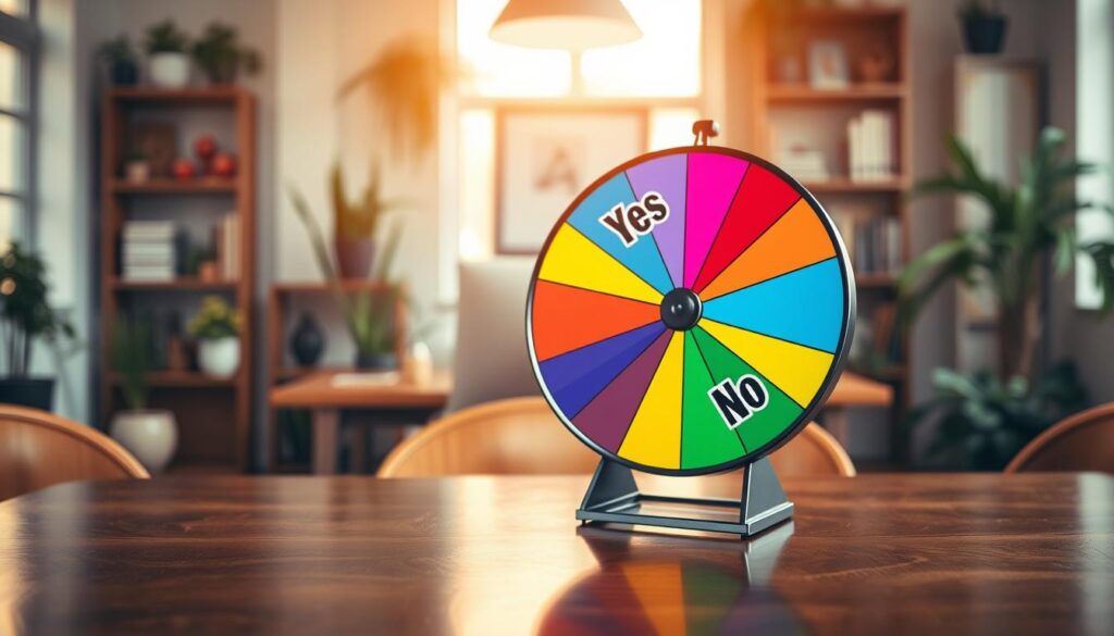 A colorful and engaging yes or no picker wheel, prominently displayed in the foreground. The wheel is divided into vibrant sections, each labeled "Yes" or "No" in bold, clear fonts, evoking a sense of playful decision-making. In the middle ground, a polished wooden table showcases the wheel, reflecting soft, natural light that enhances the colors. The background features a softly blurred setting resembling a cozy, modern office environment, with hints of potted plants and bookshelves, creating an inviting atmosphere. The lighting is warm and inviting, suggesting a positive and encouraging mood. The camera angle is slightly elevated, capturing the wheel and surroundings from a dynamic perspective, encouraging viewers to engage with the decision-making process. A colorful and engaging yes or no picker wheel, prominently displayed in the foreground. The wheel is divided into vibrant sections, each labeled "Yes" or "No" in bold, clear fonts, evoking a sense of playful decision-making. In the middle ground, a polished wooden table showcases the wheel, reflecting soft, natural light that enhances the colors. The background features a softly blurred setting resembling a cozy, modern office environment, with hints of potted plants and bookshelves, creating an inviting atmosphere. The lighting is warm and inviting, suggesting a positive and encouraging mood. The camera angle is slightly elevated, capturing the wheel and surroundings from a dynamic perspective, encouraging viewers to engage with the decision-making process.