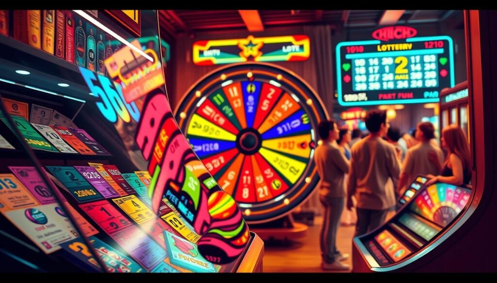 A colorful array of popular lottery games illustrated in a vibrant, inviting style. Foreground features a sleek glass display case showcasing various lottery tickets with bold colors and different number options prominently visible. In the middle ground, a glossy lottery wheel spins, adorned with numbers and vibrant graphics representing different games. The background depicts a warm, bustling atmosphere with excited players gazing at a digital screen displaying lottery results, bathed in soft, warm lighting. The overall mood is energetic and hopeful, capturing the thrill of playing the lottery and the anticipation of winning. The angle should be slightly elevated, giving a comprehensive view of the scene while emphasizing the vibrant colors and engaging elements. A colorful array of popular lottery games illustrated in a vibrant, inviting style. Foreground features a sleek glass display case showcasing various lottery tickets with bold colors and different number options prominently visible. In the middle ground, a glossy lottery wheel spins, adorned with numbers and vibrant graphics representing different games. The background depicts a warm, bustling atmosphere with excited players gazing at a digital screen displaying lottery results, bathed in soft, warm lighting. The overall mood is energetic and hopeful, capturing the thrill of playing the lottery and the anticipation of winning. The angle should be slightly elevated, giving a comprehensive view of the scene while emphasizing the vibrant colors and engaging elements.