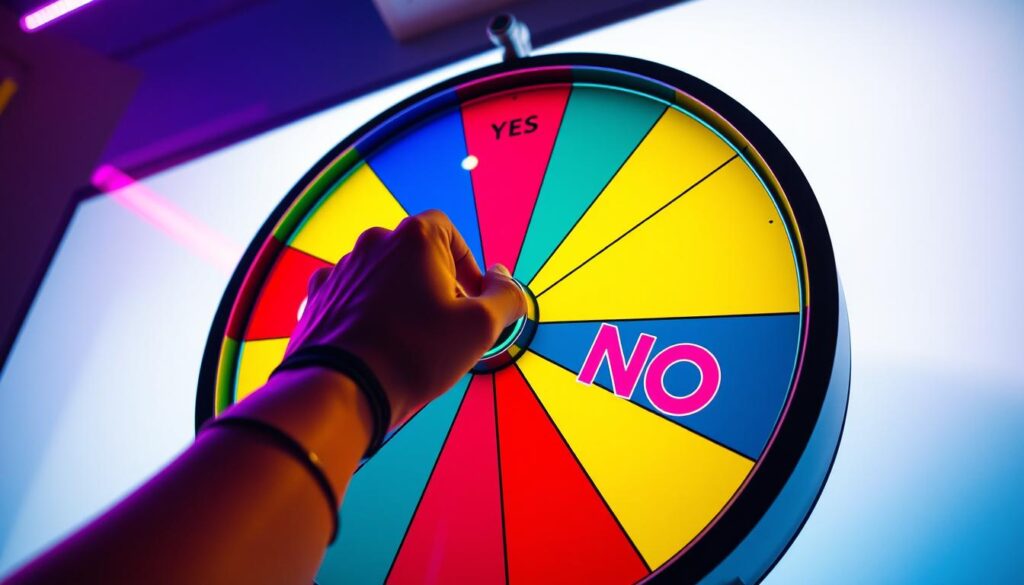 A colorful, interactive yes or no picker wheel prominently displayed in the foreground, showcasing segments labeled 'Yes' and 'No' in bright, bold lettering. The middle layer features a hand gripping the wheel's handle, ready to spin, evoking a sense of anticipation. The background features a soft gradient, transitioning from light blue to white, symbolizing clarity and decision-making. Subtle, warm lighting reflects off the wheel's glossy surface, creating a sense of dynamism. The overall atmosphere is playful yet professional, capturing the spirit of quick decision-making. The angle is slightly low, emphasizing the wheel's prominence while drawing the viewer’s focus to its vibrant colors and inviting design. A colorful, interactive yes or no picker wheel prominently displayed in the foreground, showcasing segments labeled 'Yes' and 'No' in bright, bold lettering. The middle layer features a hand gripping the wheel's handle, ready to spin, evoking a sense of anticipation. The background features a soft gradient, transitioning from light blue to white, symbolizing clarity and decision-making. Subtle, warm lighting reflects off the wheel's glossy surface, creating a sense of dynamism. The overall atmosphere is playful yet professional, capturing the spirit of quick decision-making. The angle is slightly low, emphasizing the wheel's prominence while drawing the viewer’s focus to its vibrant colors and inviting design.