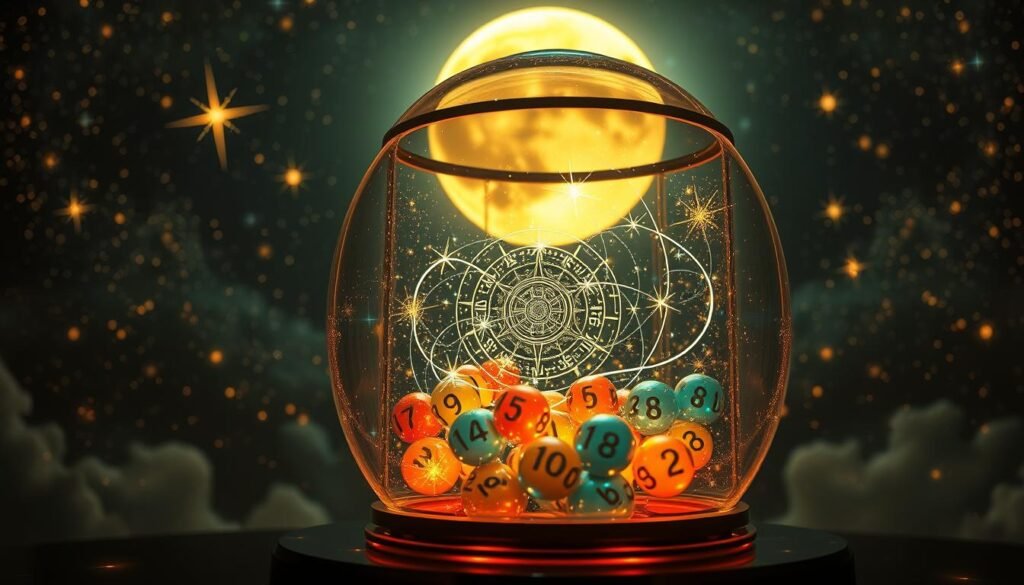 A creative interpretation of a "Lucky Number Generator" concept. In the foreground, an elegant crystal-clear lottery machine filled with glowing, colorful balls representing various numbers, radiating a soft, ethereal light. The middle features swirling mystic symbols and patterns interlaced with sparkles, alluding to fortune and luck. In the background, an enchanting cosmic landscape with twinkling stars and a large, luminous moon illuminating the scene, creating a dreamlike ambiance. The lighting is warm and inviting, accentuating the magical aspect of the numbers. Use a cinematic angle to give depth, ensuring that the image conveys a sense of wonder and curiosity about lucky numbers. A creative interpretation of a "Lucky Number Generator" concept. In the foreground, an elegant crystal-clear lottery machine filled with glowing, colorful balls representing various numbers, radiating a soft, ethereal light. The middle features swirling mystic symbols and patterns interlaced with sparkles, alluding to fortune and luck. In the background, an enchanting cosmic landscape with twinkling stars and a large, luminous moon illuminating the scene, creating a dreamlike ambiance. The lighting is warm and inviting, accentuating the magical aspect of the numbers. Use a cinematic angle to give depth, ensuring that the image conveys a sense of wonder and curiosity about lucky numbers.