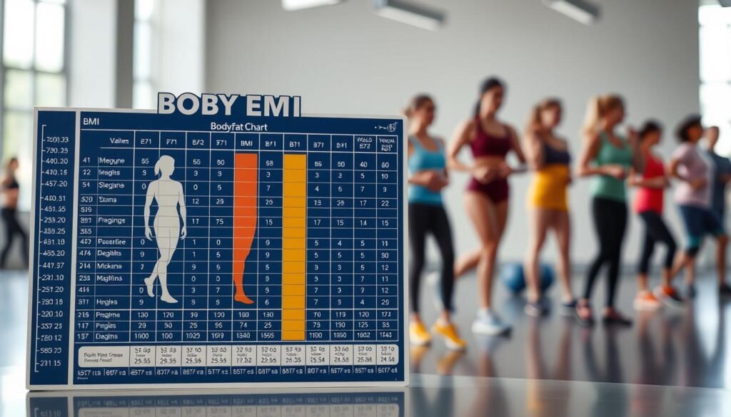 A detailed Navy BMI chart illustrating body fat measurement, prominently positioned in the foreground, displaying various body types and corresponding BMI values. In the background, softly blurred silhouettes of people engaging in fitness activities, emphasizing health and wellness. The lighting is bright and inviting, simulating a clean, professional setting, with a focus on the chart’s clarity. The mood is informative and supportive, encouraging understanding of body fat measurement. The scene is photographed from a slightly elevated angle, capturing the chart in detail while ensuring the people's attire reflects professionalism, dressed in casual, modest clothing. No text or overlays present, allowing the graphic to speak for itself.