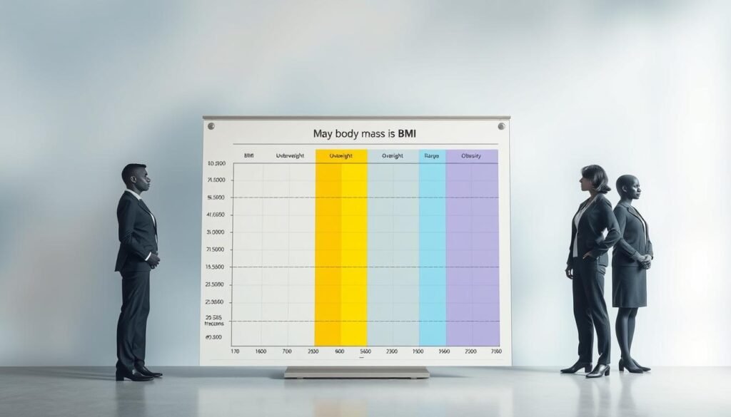 A detailed and vibrant Body Mass Index (BMI) chart displayed prominently in the foreground, featuring clear sections for underweight, normal weight, overweight, and obesity ranges, visually differentiated by colors. In the middle ground, a subtle gradient background in soft blues and whites enhances readability, giving a fresh, clean feel. Gentle, diffused lighting creates a welcoming atmosphere, illuminating the chart without harsh shadows, conveying a sense of health and wellness. The chart includes diverse representations of human silhouettes on the sides, dressed in professional attire, reflecting different body types but maintaining modesty and professionalism. The overall mood is informative and encouraging, showcasing a tool for positive health tracking without any text, ensuring clarity and focus on the BMI data.