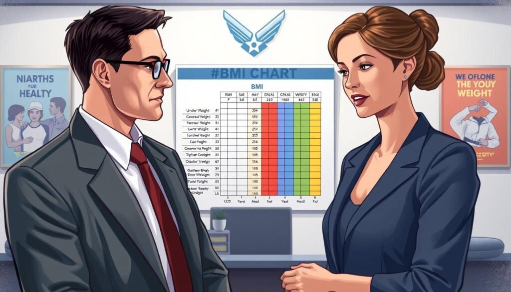 A detailed illustration depicting the Air Force BMI Chart as a central focus, showcasing the various categories of body mass index. In the foreground, a well-dressed, professional-looking man and woman, both in military-inspired attire, are analyzing the chart together with expressions of concentration and understanding. In the middle, the BMI chart is prominently displayed, with clear, contrasting colors for different BMI categories, such as underweight, normal weight, overweight, and obesity. The background features a clean, modern office environment with a subtle military insignia and motivational posters emphasizing health and fitness. Soft, natural lighting highlights the subjects and the chart, creating an informative yet approachable atmosphere that encourages wellness and understanding of the BMI guidelines.
