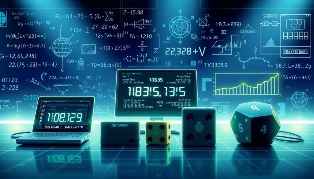 A detailed illustration of different types of random number generators, showcasing a sleek digital interface with numerical representations and algorithms displayed prominently in the foreground. In the middle, depict various devices such as a computer, smartphone, and electronic dice, all connected with glowing data streams to symbolize interaction. The background should feature abstract mathematical equations and graphs representing randomness, blended softly with a gradient of blue and green tones, imparting a high-tech atmosphere. The lighting should be bright and focused, highlighting the various devices while casting soft shadows, creating depth. The overall mood is modern and informative, inviting viewers to explore the complexities of random number generation. A detailed illustration of different types of random number generators, showcasing a sleek digital interface with numerical representations and algorithms displayed prominently in the foreground. In the middle, depict various devices such as a computer, smartphone, and electronic dice, all connected with glowing data streams to symbolize interaction. The background should feature abstract mathematical equations and graphs representing randomness, blended softly with a gradient of blue and green tones, imparting a high-tech atmosphere. The lighting should be bright and focused, highlighting the various devices while casting soft shadows, creating depth. The overall mood is modern and informative, inviting viewers to explore the complexities of random number generation.