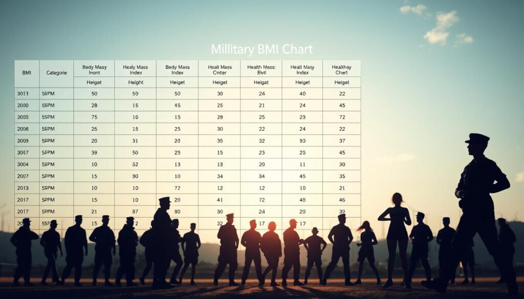 A detailed overview of a military Body Mass Index (BMI) chart set against a clean, professional background. In the foreground, include a well-organized military BMI chart featuring clear, bold categories for height and weight, and indicators showing healthy BMI ranges. The middle layer should display silhouettes of diverse military personnel in uniform—both male and female—engaged in fitness activities, projecting a strong and disciplined atmosphere. In the background, a subtle blend of an outdoor training landscape, such as a military base or fitness field, is depicted under bright, natural lighting to evoke motivation and determination. The overall mood should be serious yet encouraging, emphasizing health and fitness standards essential for military applicants. A detailed overview of a military Body Mass Index (BMI) chart set against a clean, professional background. In the foreground, include a well-organized military BMI chart featuring clear, bold categories for height and weight, and indicators showing healthy BMI ranges. The middle layer should display silhouettes of diverse military personnel in uniform—both male and female—engaged in fitness activities, projecting a strong and disciplined atmosphere. In the background, a subtle blend of an outdoor training landscape, such as a military base or fitness field, is depicted under bright, natural lighting to evoke motivation and determination. The overall mood should be serious yet encouraging, emphasizing health and fitness standards essential for military applicants.