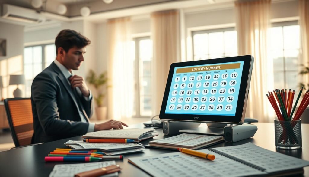 A detailed scene illustrating the concept of customizing lottery numbers. In the foreground, a modern, sleek desk with a digital lottery number generator on a high-resolution touchscreen displaying customizable options. Nearby, a person in smart casual attire, deeply focused on the screen, with a thoughtful expression. The middle area features scattered lottery tickets, colorful pens, and a notebook filled with handwritten lucky numbers and charts. In the background, a soft, blurred image of a bright, inviting room with large windows letting in warm sunlight, casting gentle shadows. The atmosphere is one of excitement and possibility, emphasizing the personal connection people have with their lottery choices. The image should be well-lit, capturing the warmth and motivation of customizing one’s lottery numbers. A detailed scene illustrating the concept of customizing lottery numbers. In the foreground, a modern, sleek desk with a digital lottery number generator on a high-resolution touchscreen displaying customizable options. Nearby, a person in smart casual attire, deeply focused on the screen, with a thoughtful expression. The middle area features scattered lottery tickets, colorful pens, and a notebook filled with handwritten lucky numbers and charts. In the background, a soft, blurred image of a bright, inviting room with large windows letting in warm sunlight, casting gentle shadows. The atmosphere is one of excitement and possibility, emphasizing the personal connection people have with their lottery choices. The image should be well-lit, capturing the warmth and motivation of customizing one’s lottery numbers.