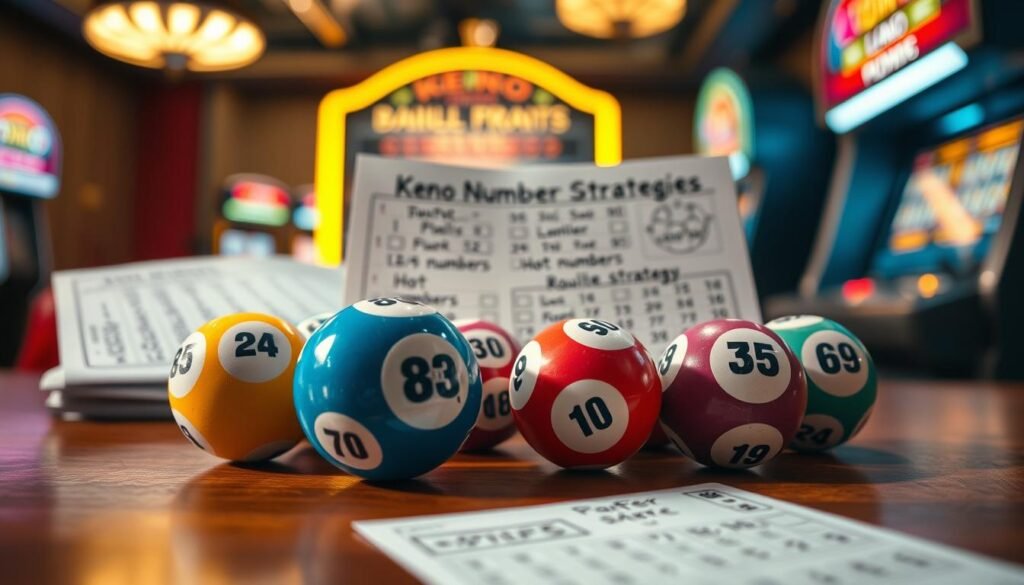 A detailed, visually engaging composition depicting "Keno Number Strategies." In the foreground, a variety of colorful Keno balls, each displaying different numbers prominently, sit on a polished wooden table. The middle ground features a well-organized set of betting slips with strategies handwritten on them, hinting at popular methods like 'hot numbers' and 'roulette strategy.' The background includes a softly blurred Keno gaming machine, illuminated with bright, inviting lights and a warm ambiance. The overall mood is one of excitement, anticipation, and strategic planning. Use bright, natural lighting to enhance visibility and create an inviting atmosphere, capturing a close-up perspective that emphasizes the details of the balls and betting slips. A detailed, visually engaging composition depicting "Keno Number Strategies." In the foreground, a variety of colorful Keno balls, each displaying different numbers prominently, sit on a polished wooden table. The middle ground features a well-organized set of betting slips with strategies handwritten on them, hinting at popular methods like 'hot numbers' and 'roulette strategy.' The background includes a softly blurred Keno gaming machine, illuminated with bright, inviting lights and a warm ambiance. The overall mood is one of excitement, anticipation, and strategic planning. Use bright, natural lighting to enhance visibility and create an inviting atmosphere, capturing a close-up perspective that emphasizes the details of the balls and betting slips.