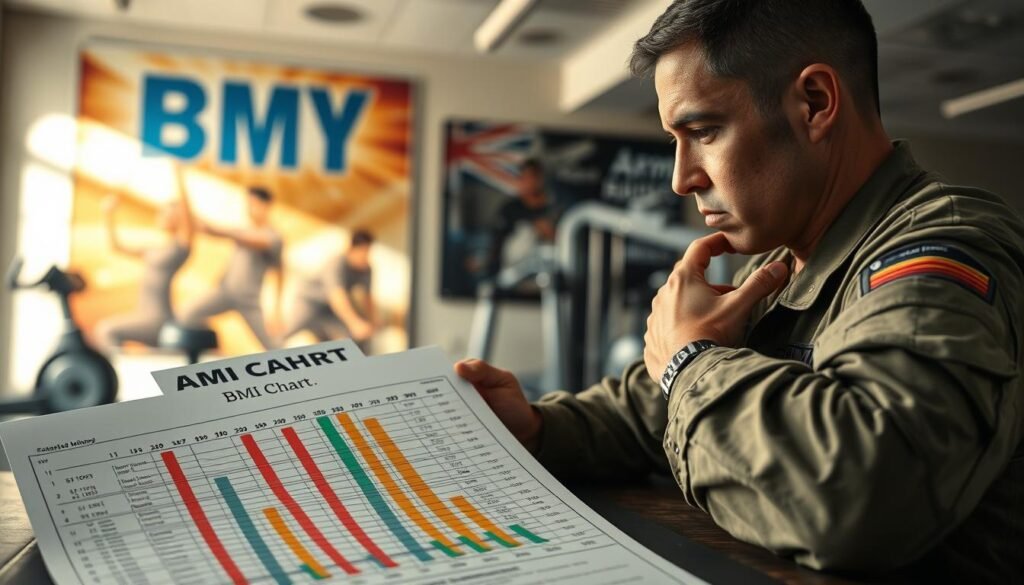 A detailed, visually engaging depiction of an Army BMI chart laid out prominently in the foreground, with a soldier in professional attire thoughtfully analyzing it, showcasing concentration and determination. In the middle ground, a bright and well-organized gym setting with fitness equipment subtly lit to convey an atmosphere of health and motivation. The background features a motivational military poster with inspiring imagery, slightly blurred to keep the focus on the BMI chart and the soldier. The lighting is natural and warm, emulating a productive and encouraging space. The angle is slightly above eye level, providing an intuitive perspective on both the chart and the soldier’s interaction, highlighting the importance of understanding body metrics for fitness advancements. The overall mood conveys discipline, focus, and a commitment to personal fitness goals. A detailed, visually engaging depiction of an Army BMI chart laid out prominently in the foreground, with a soldier in professional attire thoughtfully analyzing it, showcasing concentration and determination. In the middle ground, a bright and well-organized gym setting with fitness equipment subtly lit to convey an atmosphere of health and motivation. The background features a motivational military poster with inspiring imagery, slightly blurred to keep the focus on the BMI chart and the soldier. The lighting is natural and warm, emulating a productive and encouraging space. The angle is slightly above eye level, providing an intuitive perspective on both the chart and the soldier’s interaction, highlighting the importance of understanding body metrics for fitness advancements. The overall mood conveys discipline, focus, and a commitment to personal fitness goals.