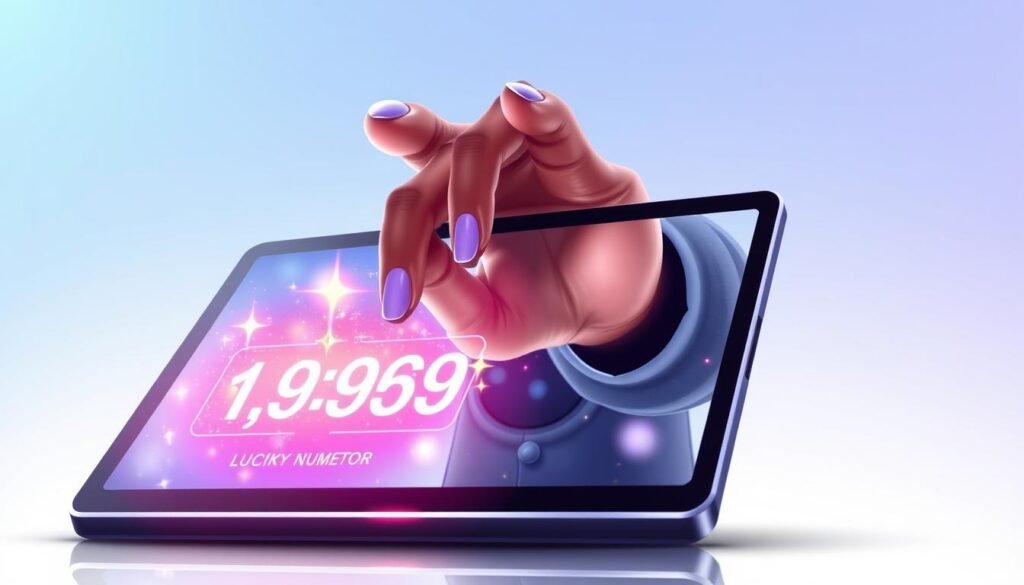 A digital illustration depicting a 4-digit lucky number generator. In the foreground, a sleek and modern tablet displays an animated interface with vibrant colors showcasing a 4-digit number being generated, surrounded by sparkles and glowing effects to emphasize the idea of luck. In the middle ground, a hand reaches out to touch the screen, presenting diverse skin tones in a professional outfit. The background features a soft gradient, transitioning from light blue to white, evoking a sense of calm and positivity. Soft, ambient lighting highlights the tablet and the hand, creating a warm and inviting atmosphere. The overall mood conveys excitement and anticipation, drawing viewers into the process of discovering their lucky number. A digital illustration depicting a 4-digit lucky number generator. In the foreground, a sleek and modern tablet displays an animated interface with vibrant colors showcasing a 4-digit number being generated, surrounded by sparkles and glowing effects to emphasize the idea of luck. In the middle ground, a hand reaches out to touch the screen, presenting diverse skin tones in a professional outfit. The background features a soft gradient, transitioning from light blue to white, evoking a sense of calm and positivity. Soft, ambient lighting highlights the tablet and the hand, creating a warm and inviting atmosphere. The overall mood conveys excitement and anticipation, drawing viewers into the process of discovering their lucky number.