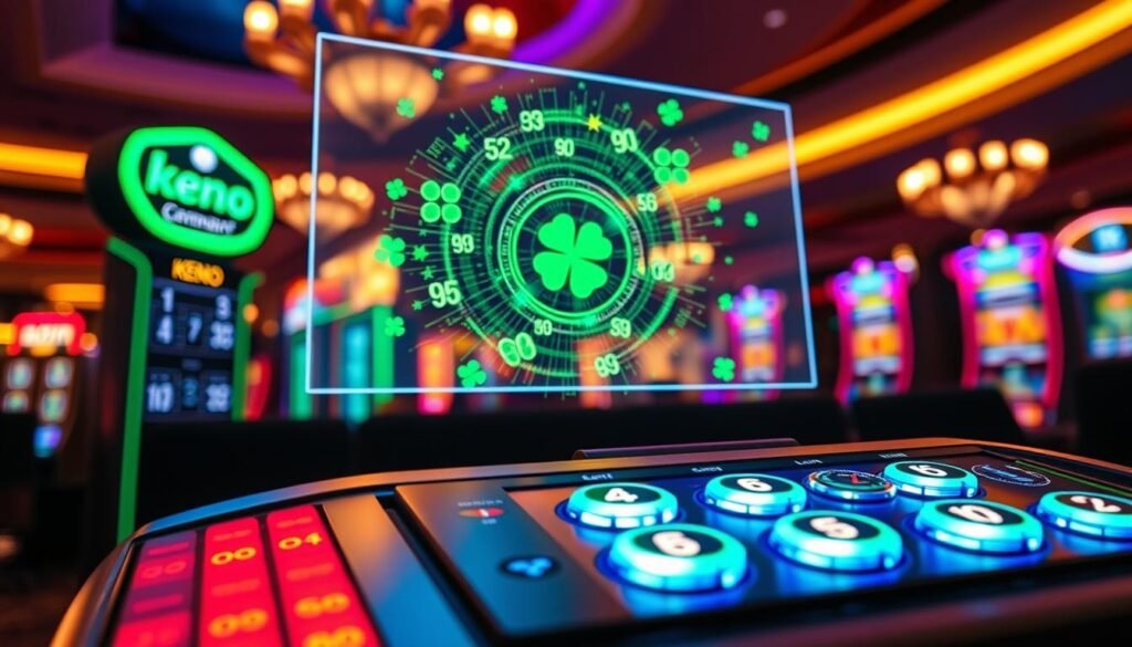 A dynamic Keno Number Generator displayed prominently in the foreground, featuring a sleek, modern digital interface with vibrant numbers glowing in bright colors like neon green and electric blue. In the middle ground, a transparent virtual screen overlays the generator, showcasing a swirling galaxy of numbers and symbols that exude luck, such as clovers and stars. The background features a softly blurred casino environment, with ambient lighting casting a warm glow, enhancing the excitement of game night. The atmosphere is lively yet focused, invoking feelings of anticipation and fortune. The scene is captured from a low angle, highlighting the generator's importance, and the lighting creates a captivating contrast that emphasizes the features of the device, making it the focal point of the composition. A dynamic Keno Number Generator displayed prominently in the foreground, featuring a sleek, modern digital interface with vibrant numbers glowing in bright colors like neon green and electric blue. In the middle ground, a transparent virtual screen overlays the generator, showcasing a swirling galaxy of numbers and symbols that exude luck, such as clovers and stars. The background features a softly blurred casino environment, with ambient lighting casting a warm glow, enhancing the excitement of game night. The atmosphere is lively yet focused, invoking feelings of anticipation and fortune. The scene is captured from a low angle, highlighting the generator's importance, and the lighting creates a captivating contrast that emphasizes the features of the device, making it the focal point of the composition.