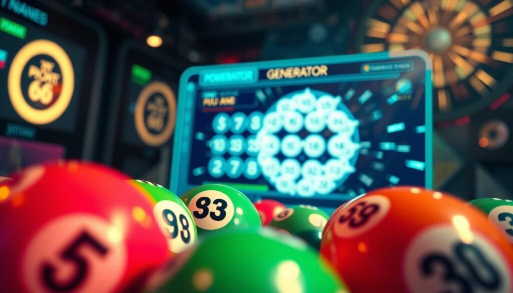 A dynamic composition illustrating a set of randomly generated Powerball numbers. In the foreground, a close-up view of colorful lottery balls with numbers printed on them, gleaming under soft, diffused lighting. The middle section features a vibrant scene of a digital generator interface, displaying a swirling animation of numbers, symbolizing randomness. In the background, an abstract representation of luck and chance, like a blurred spinning wheel or a shadowy burst of light, adds depth and intrigue. The atmosphere is energetic yet playful, evoking feelings of excitement and possibility. A slight lens distortion to emphasize the dynamism of the image, with a balanced color palette of deep blues, greens, and golds, enhances the visual impact. The overall mood invites viewers into the world of lottery excitement.