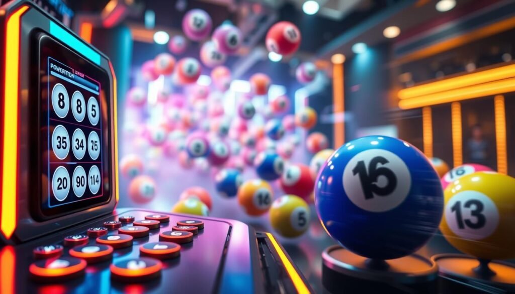 A dynamic graphic of a Powerball number generator in action, showcasing an array of colorful lottery balls, each with distinct numbers displayed prominently. In the foreground, feature a sleek, modern digital interface with glowing buttons and an animated display, indicating a fast-paced lottery selection process. The middle ground presents a swirling blur of bright lottery balls, emphasizing motion to suggest quick number generation. In the background, a subtle hint of a lottery drawing stage illuminated by soft, warm lighting creates an inviting atmosphere. Incorporate reflections and highlights to enhance depth, while maintaining a vibrant and optimistic mood, evoking excitement and possibility, with no text or human figures present. A dynamic graphic of a Powerball number generator in action, showcasing an array of colorful lottery balls, each with distinct numbers displayed prominently. In the foreground, feature a sleek, modern digital interface with glowing buttons and an animated display, indicating a fast-paced lottery selection process. The middle ground presents a swirling blur of bright lottery balls, emphasizing motion to suggest quick number generation. In the background, a subtle hint of a lottery drawing stage illuminated by soft, warm lighting creates an inviting atmosphere. Incorporate reflections and highlights to enhance depth, while maintaining a vibrant and optimistic mood, evoking excitement and possibility, with no text or human figures present.