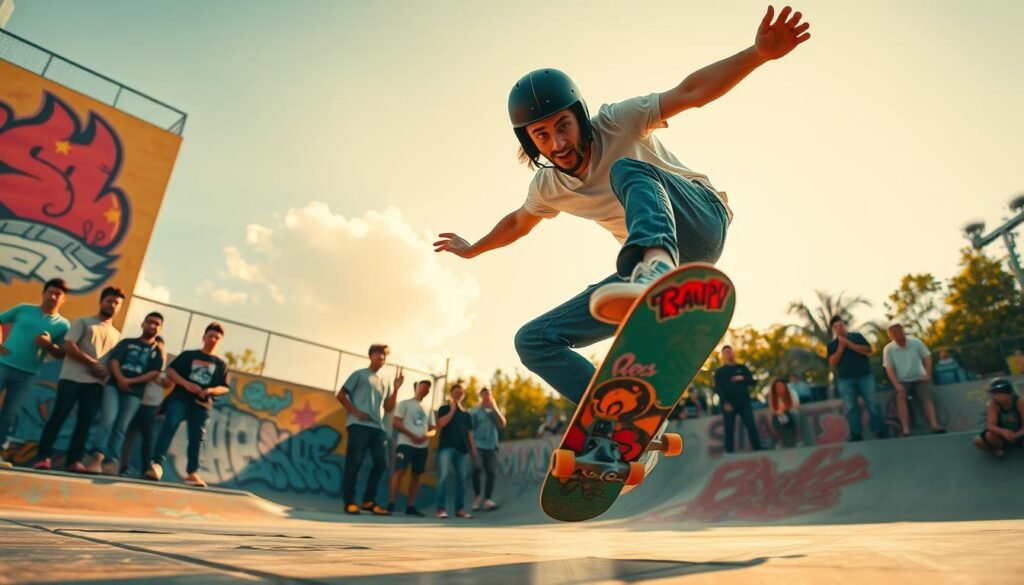 A dynamic illustration of a skateboarder attempting a Coon Flip, captured in a moment of mid-air failure. In the foreground, the skateboarder, dressed in modest casual wear—plain t-shirt, jeans, and a helmet—shows an expression of surprise as they lose balance. The skateboard is slightly tilted, showcasing the struggle of maintaining control. In the middle ground, onlookers of diverse backgrounds are watching, some with looks of encouragement, others with concern. The background features a vibrant skate park with ramps and graffiti, bathed in warm afternoon sunlight, creating an energetic atmosphere. The angle of the shot is low, emphasizing the height of the trick attempt while the shallow depth of field keeps focus on the skateboarder’s misstep, evoking a mood of challenge and determination. A dynamic illustration of a skateboarder attempting a Coon Flip, captured in a moment of mid-air failure. In the foreground, the skateboarder, dressed in modest casual wear—plain t-shirt, jeans, and a helmet—shows an expression of surprise as they lose balance. The skateboard is slightly tilted, showcasing the struggle of maintaining control. In the middle ground, onlookers of diverse backgrounds are watching, some with looks of encouragement, others with concern. The background features a vibrant skate park with ramps and graffiti, bathed in warm afternoon sunlight, creating an energetic atmosphere. The angle of the shot is low, emphasizing the height of the trick attempt while the shallow depth of field keeps focus on the skateboarder’s misstep, evoking a mood of challenge and determination.