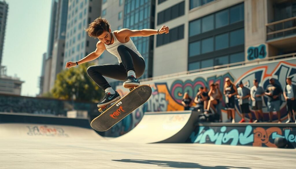 A dynamic scene capturing the "Coon Flip Trick" in mid-action, showcasing an athletic individual wearing a fitted athletic outfit performing the trick in an urban skate park. In the foreground, the skateboarder is airborne, executing a perfectly angled flip on a skateboard. The middle ground features ramps and graffiti art on walls, adding vibrancy to the scene. The background includes spectators watching in awe, with a soft-focus effect to keep attention on the trick. The lighting is bright and sunny, casting clear shadows, emphasizing the motion and energy of the flip. The atmosphere is exhilarating and energetic, capturing the thrill of skateboarding culture on a lively afternoon. A dynamic scene capturing the "Coon Flip Trick" in mid-action, showcasing an athletic individual wearing a fitted athletic outfit performing the trick in an urban skate park. In the foreground, the skateboarder is airborne, executing a perfectly angled flip on a skateboard. The middle ground features ramps and graffiti art on walls, adding vibrancy to the scene. The background includes spectators watching in awe, with a soft-focus effect to keep attention on the trick. The lighting is bright and sunny, casting clear shadows, emphasizing the motion and energy of the flip. The atmosphere is exhilarating and energetic, capturing the thrill of skateboarding culture on a lively afternoon.