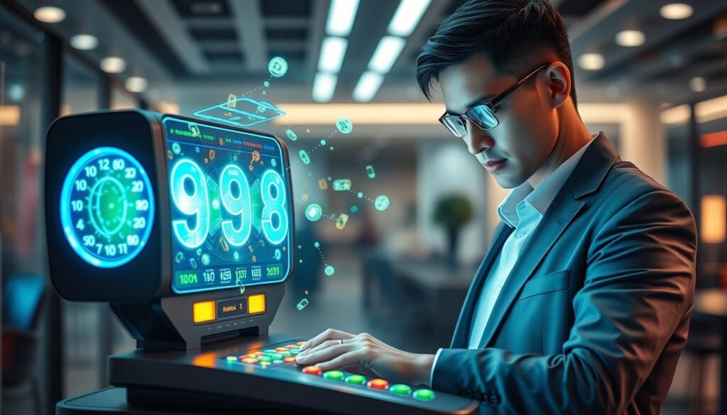 A futuristic 4D lucky number generator device situated in a sleek, high-tech environment. In the foreground, an illuminated, holographic interface displays glowing numbers and symbols, enticingly swirling in vibrant colors like blue, green, and gold. The middle ground features a professional user interacting with the generator, dressed in smart casual attire, their expression focused and engaged. The background is a softly blurred, modern office setting with soft ambient lighting, creating an atmosphere of excitement and anticipation. A subtle lens flare highlights the holographic elements, adding depth to the image. The overall mood conveys innovation and the thrill of chance. A futuristic 4D lucky number generator device situated in a sleek, high-tech environment. In the foreground, an illuminated, holographic interface displays glowing numbers and symbols, enticingly swirling in vibrant colors like blue, green, and gold. The middle ground features a professional user interacting with the generator, dressed in smart casual attire, their expression focused and engaged. The background is a softly blurred, modern office setting with soft ambient lighting, creating an atmosphere of excitement and anticipation. A subtle lens flare highlights the holographic elements, adding depth to the image. The overall mood conveys innovation and the thrill of chance.