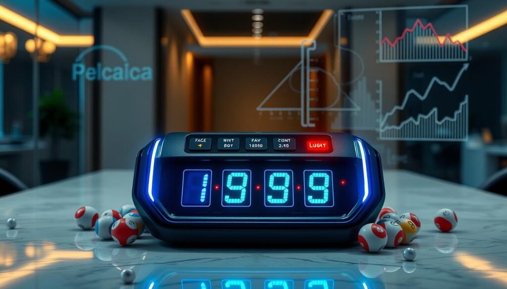 A futuristic and sleek Toto 4D lucky number generator is set as the focal point in the foreground. The generator is depicted with glowing buttons and a high-tech digital display showcasing vibrant, animated numbers in hues of blue and green. Surrounding the device, a scattering of colorful lotto balls adds a dynamic element. In the middle ground, a softly blurred view of an elegant office environment enhances the professional atmosphere. Subtle light spills in from the left, casting gentle reflections on the surface of a polished marble table. In the background, abstract representations of odds and probability graphs float ethereally, suggesting a deeper understanding of luck. The overall mood is both inspiring and intriguing, inviting viewers to explore the significance of numbers and their potential.