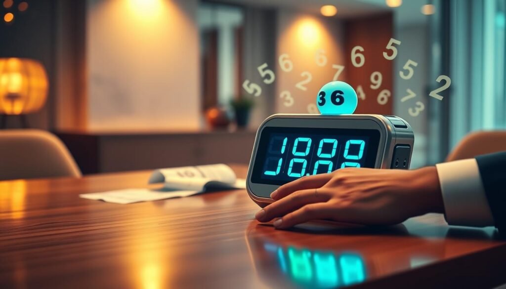 A futuristic powerball lottery number generator creatively designed as a sleek digital device, featuring multiple glowing numerical displays in vibrant blue and green hues. The foreground showcases the generator on a polished wooden table, with a hand gently resting on it, displaying professional business attire. In the middle background, a softly blurred lottery ticket lies nearby, with abstract numbers and patterns flowing around it to suggest randomness and luck. The lighting is warm and inviting, highlighting the elegance of the device while casting subtle shadows. The atmosphere is filled with anticipation and excitement, emphasizing the thrill of winning possibilities and the allure of a lucky number generator set against a softly illuminated, modern interior space.