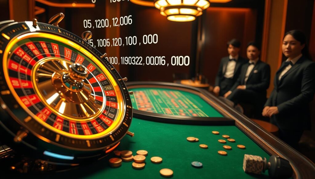 A futuristic roulette wheel sits prominently in the foreground, glistening with vibrant colors. The wheel is adorned with gold and silver details, with numbers illuminated in a bright, enticing glow. Surrounding the wheel, a sleek digital display showcases a series of randomly generated 'lucky numbers' floating in the air, offering a sense of excitement and anticipation. In the middle ground, a stylish table covered with green felt reflects the ambiance of a high-stakes casino, complete with polished chips and small gold coins scattered about. The background features soft, blurred silhouettes of attentive players dressed in professional business attire, their faces filled with intrigue. The scene is bathed in warm, ambient lighting, creating an atmosphere of luck and opportunity, all captured from a slightly upward angle to emphasize the grandeur of the roulette wheel. A futuristic roulette wheel sits prominently in the foreground, glistening with vibrant colors. The wheel is adorned with gold and silver details, with numbers illuminated in a bright, enticing glow. Surrounding the wheel, a sleek digital display showcases a series of randomly generated 'lucky numbers' floating in the air, offering a sense of excitement and anticipation. In the middle ground, a stylish table covered with green felt reflects the ambiance of a high-stakes casino, complete with polished chips and small gold coins scattered about. The background features soft, blurred silhouettes of attentive players dressed in professional business attire, their faces filled with intrigue. The scene is bathed in warm, ambient lighting, creating an atmosphere of luck and opportunity, all captured from a slightly upward angle to emphasize the grandeur of the roulette wheel.