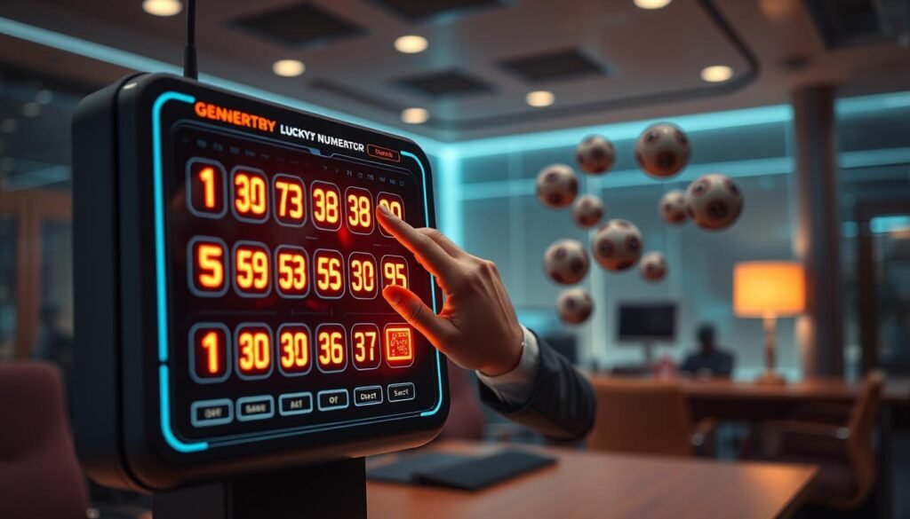 A futuristic, sleek lucky number generator interface displayed prominently in the foreground, featuring a digital screen with glowing, vibrant numbers and interactive buttons. In the middle ground, a hand in professional attire interacts with the touchscreen, tapping to generate numbers, emphasizing a hands-on approach. The background should depict a softly glowing, modern lottery office environment, with subtle lighting that creates a warm and inviting atmosphere. Use a shallow depth of field to focus on the generator and hand, while softly blurring the background. The overall mood conveys excitement and anticipation, as various lottery balls hover lightly around the generator, enhancing the theme of chance and luck in a professional yet engaging setting.