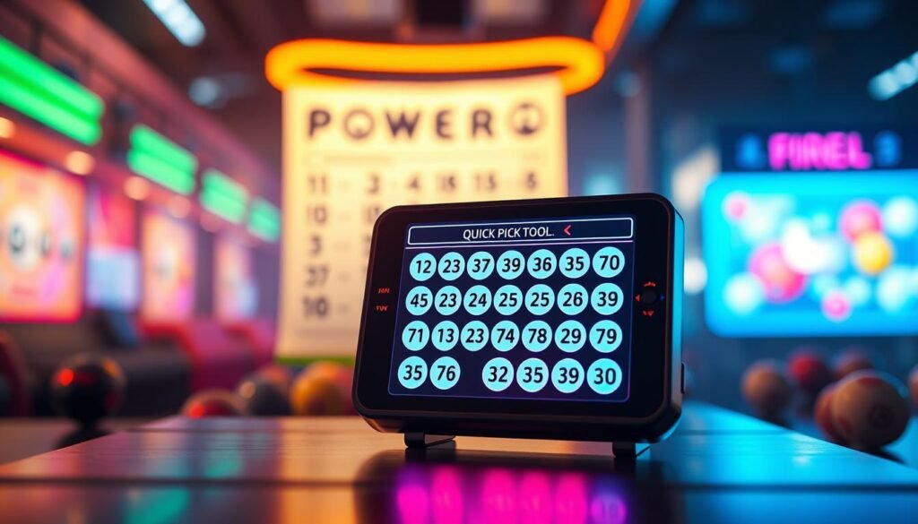 A high-tech digital tool designed for generating Powerball numbers, prominently displayed in the foreground. The quick pick tool resembles a sleek, modern interface with glowing buttons and a vibrant display showing randomized numbers. In the middle background, a blurred image of a lottery ticket and colorful balls, symbolizing the excitement of the game. The atmosphere should be energetic and hopeful, with soft, dynamic lighting that creates a sense of movement and anticipation. Use a slight angle to emphasize depth, and focus on the quick pick tool to draw attention. The setting should convey a modern, digital theme, perfect for a lottery enthusiast. A high-tech digital tool designed for generating Powerball numbers, prominently displayed in the foreground. The quick pick tool resembles a sleek, modern interface with glowing buttons and a vibrant display showing randomized numbers. In the middle background, a blurred image of a lottery ticket and colorful balls, symbolizing the excitement of the game. The atmosphere should be energetic and hopeful, with soft, dynamic lighting that creates a sense of movement and anticipation. Use a slight angle to emphasize depth, and focus on the quick pick tool to draw attention. The setting should convey a modern, digital theme, perfect for a lottery enthusiast.