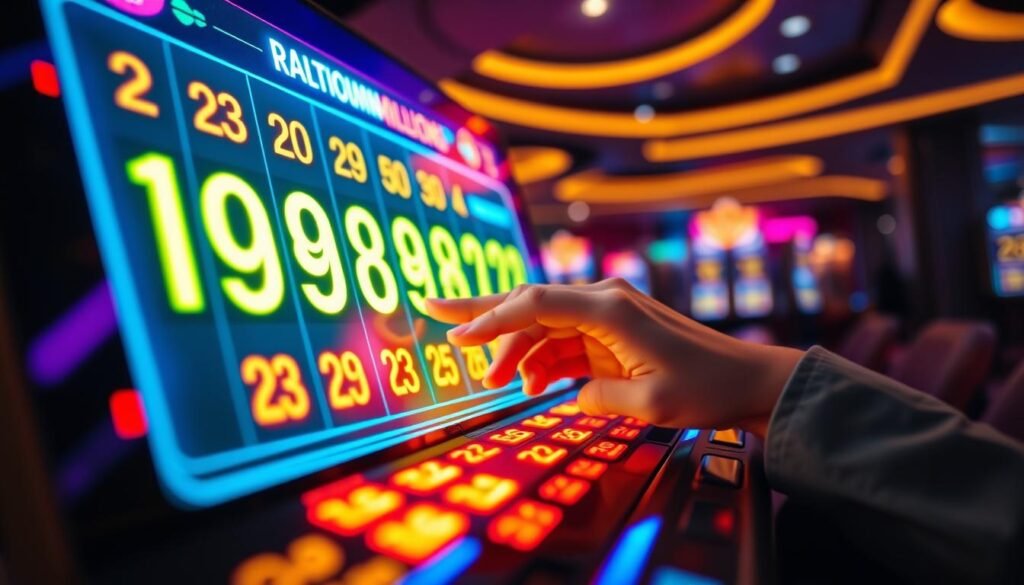 A modern Mega Millions Lucky Number Generator Tool displayed on a sleek, digital interface. The foreground features a high-tech touchscreen with vibrant colors, showing random numbers being generated in bright neon lights, representing quick picks. In the middle, a user’s hand is gently tapping the screen, emphasized by a focused, close-up angle. The background shows a subtle casino-themed setting with soft ambient lighting, evoking a sense of excitement and anticipation. The overall mood conveys a blend of technology and luck, perfect for the experience of generating lottery numbers. The scene highlights the functionality of the tool while maintaining a professional atmosphere, devoid of any text, creating an engaging visual for readers.