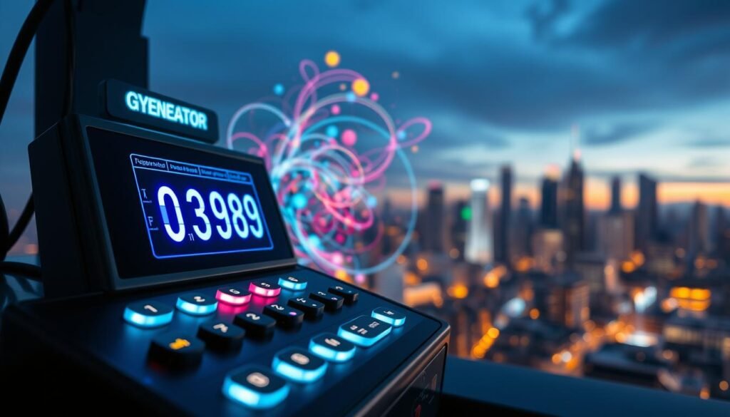 A modern and sleek number generator interface displayed prominently in the foreground, featuring illuminated buttons and a vibrant digital screen showcasing swirling, colorful numbers. The middle ground features a dynamic, abstract representation of numbers cascading and intertwining, symbolizing randomness and chance. In the background, a soft-focus city skyline at dusk casts a warm, inviting glow, evoking a sense of excitement and opportunity. The lighting is bright yet soft, emphasizing clarity on the generator while creating a captivating atmosphere. Aerial perspective as if viewed slightly from above enhances depth. The mood is encouraging and energetic, reflecting the thrill of quick picks and the potential for luck. A modern and sleek number generator interface displayed prominently in the foreground, featuring illuminated buttons and a vibrant digital screen showcasing swirling, colorful numbers. The middle ground features a dynamic, abstract representation of numbers cascading and intertwining, symbolizing randomness and chance. In the background, a soft-focus city skyline at dusk casts a warm, inviting glow, evoking a sense of excitement and opportunity. The lighting is bright yet soft, emphasizing clarity on the generator while creating a captivating atmosphere. Aerial perspective as if viewed slightly from above enhances depth. The mood is encouraging and energetic, reflecting the thrill of quick picks and the potential for luck.