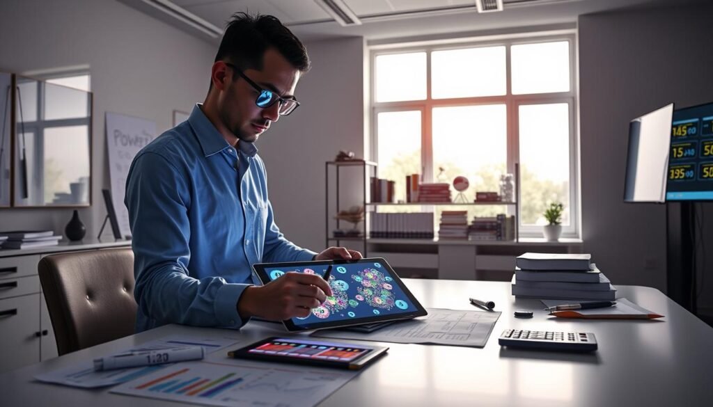 A modern, clean workspace featuring a large desk with a digital tablet displaying intricate patterns of Powerball numbers in vivid colors, surrounded by graphs and charts that visualize number frequency and trends. In the foreground, a professional looking at the tablet, dressed in business attire, taking notes while engaging with the data. The middle ground showcases a sleek shelf filled with books on probability and statistics, complemented by a Powerball ticket and a calculator. The background is softly lit with a large window allowing natural light to flood the room, providing a bright, optimistic atmosphere. Overall, the image conveys a sense of analysis and discovery, inviting viewers to explore number patterns. A modern, clean workspace featuring a large desk with a digital tablet displaying intricate patterns of Powerball numbers in vivid colors, surrounded by graphs and charts that visualize number frequency and trends. In the foreground, a professional looking at the tablet, dressed in business attire, taking notes while engaging with the data. The middle ground showcases a sleek shelf filled with books on probability and statistics, complemented by a Powerball ticket and a calculator. The background is softly lit with a large window allowing natural light to flood the room, providing a bright, optimistic atmosphere. Overall, the image conveys a sense of analysis and discovery, inviting viewers to explore number patterns.