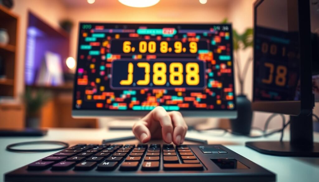 A modern desktop scene showcasing a random 4-digit number generator interface on a sleek computer monitor. In the foreground, a glossy black keyboard and a touchpad, with a hand poised above the keyboard, suggesting interaction. The middle ground features the monitor displaying a vibrant digital interface, with colorful numbers cascading and transitioning, illustrating the randomness of the generation process. The background is softly blurred, hinting at a cozy office environment with warm lighting illuminating the scene. A gentle bokeh effect adds depth, creating a focused atmosphere that emphasizes the intricate workings of the number generator. The overall mood is innovative and engaging, inviting the viewer to explore the concept of luck through technology.
