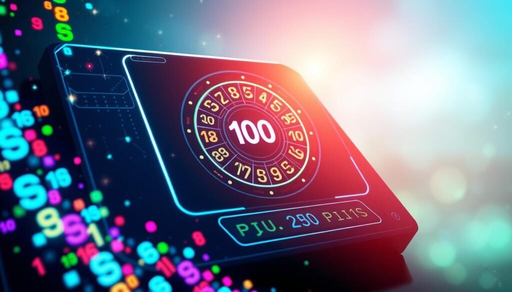 A modern, digital lucky number generator interface, featuring a sleek, futuristic design. In the foreground, vibrant, glowing numbers cascading down the screen in various colors, implying the idea of luck and chance. The middle layer showcases a high-tech number wheel spinning with a light blur effect, surrounded by twinkling stars and sparkles for added excitement. The background is a soft gradient of blues and greens, creating a calming atmosphere, with subtle light rays illuminating the generator to emphasize its importance. The scene is well-lit, suggesting a sense of innovation and possibility, viewed from a slight angle to add depth to the image. A modern, digital lucky number generator interface, featuring a sleek, futuristic design. In the foreground, vibrant, glowing numbers cascading down the screen in various colors, implying the idea of luck and chance. The middle layer showcases a high-tech number wheel spinning with a light blur effect, surrounded by twinkling stars and sparkles for added excitement. The background is a soft gradient of blues and greens, creating a calming atmosphere, with subtle light rays illuminating the generator to emphasize its importance. The scene is well-lit, suggesting a sense of innovation and possibility, viewed from a slight angle to add depth to the image.