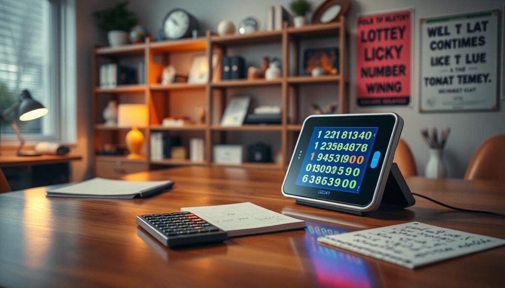 A modern lottery lucky number generator tool displayed on a sleek, polished wooden table in a well-lit, cozy office environment. In the foreground, focus on a high-tech device with a vibrant digital screen showing colorful, randomly selected numbers, emphasizing a sense of excitement and anticipation. The middle ground includes a stylish calculator and a notepad filled with handwritten notes, suggesting active engagement with the tool. In the background, softly blurred, there are shelves filled with lottery-related artifacts and motivational posters about winning. The lighting is warm and inviting, creating a friendly atmosphere. The camera angle is slightly above eye-level, capturing the scene with a subtle depth of field, enhancing the aesthetic appeal of the lottery tool in action. A modern lottery lucky number generator tool displayed on a sleek, polished wooden table in a well-lit, cozy office environment. In the foreground, focus on a high-tech device with a vibrant digital screen showing colorful, randomly selected numbers, emphasizing a sense of excitement and anticipation. The middle ground includes a stylish calculator and a notepad filled with handwritten notes, suggesting active engagement with the tool. In the background, softly blurred, there are shelves filled with lottery-related artifacts and motivational posters about winning. The lighting is warm and inviting, creating a friendly atmosphere. The camera angle is slightly above eye-level, capturing the scene with a subtle depth of field, enhancing the aesthetic appeal of the lottery tool in action.