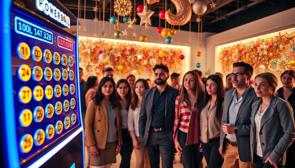 A modern powerball number generator machine, glowing with vibrant lights in dynamic shades of blue and gold, prominently displayed in the foreground. The device features a sleek digital interface showcasing rapidly changing numbers, with a few highlighted lucky combinations. In the middle ground, a diverse group of individuals in smart casual clothing, visibly intrigued, gazes at the machine, their expressions eager and hopeful. The background consists of a softly lit room filled with lottery-themed decorations, such as shimmering stars and colorful balls, creating an inviting atmosphere. The lighting is bright and focused on the generator, casting a sense of excitement and anticipation, while the camera angle is slightly above eye level to emphasize the grandeur of the machine. Overall, the scene captures the thrilling experience of selecting lucky numbers with a sense of fun and possibility. A modern powerball number generator machine, glowing with vibrant lights in dynamic shades of blue and gold, prominently displayed in the foreground. The device features a sleek digital interface showcasing rapidly changing numbers, with a few highlighted lucky combinations. In the middle ground, a diverse group of individuals in smart casual clothing, visibly intrigued, gazes at the machine, their expressions eager and hopeful. The background consists of a softly lit room filled with lottery-themed decorations, such as shimmering stars and colorful balls, creating an inviting atmosphere. The lighting is bright and focused on the generator, casting a sense of excitement and anticipation, while the camera angle is slightly above eye level to emphasize the grandeur of the machine. Overall, the scene captures the thrilling experience of selecting lucky numbers with a sense of fun and possibility.