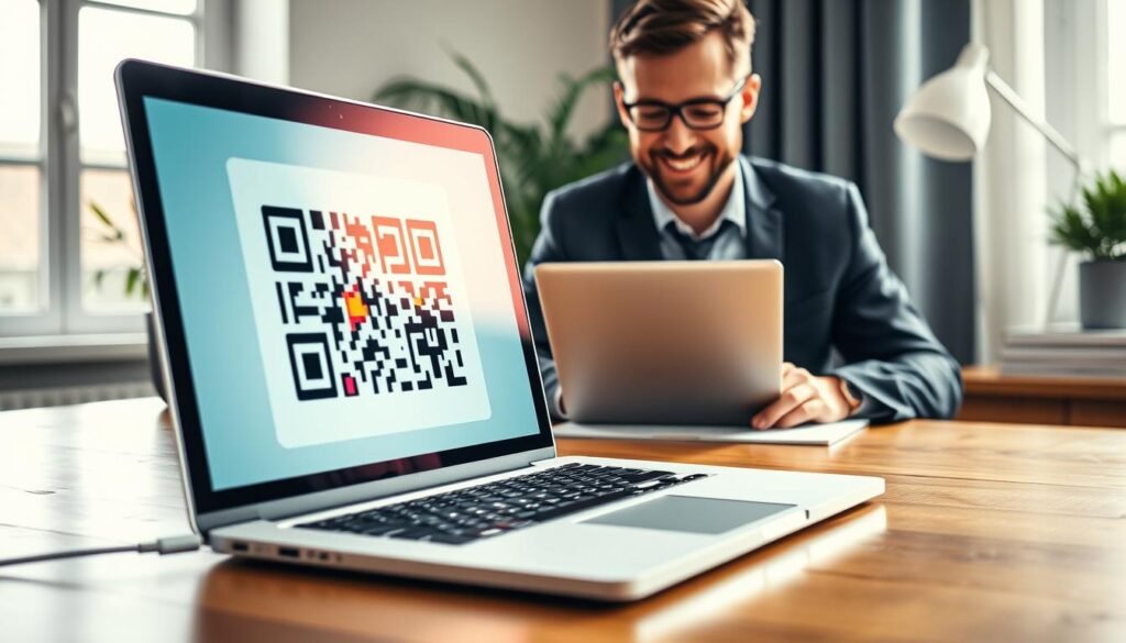A modern, sleek QR Code generator tool displayed on a stylish wooden desk. In the foreground, a detailed close-up of a high-tech laptop screen showcasing an open application for generating QR codes, with vibrant and dynamic QR codes in various colors on the screen. The middle layer features a person dressed in smart business attire, focused on the laptop, typing intently and smiling, emphasizing creativity and engagement. In the background, soft, natural lighting streams in from a nearby window, illuminating houseplants and a minimalist desk lamp, creating a warm and inviting atmosphere. The angle is slightly tilted to capture both the tool and the user's expression, creating an inspiring sense of productivity and innovation. A modern, sleek QR Code generator tool displayed on a stylish wooden desk. In the foreground, a detailed close-up of a high-tech laptop screen showcasing an open application for generating QR codes, with vibrant and dynamic QR codes in various colors on the screen. The middle layer features a person dressed in smart business attire, focused on the laptop, typing intently and smiling, emphasizing creativity and engagement. In the background, soft, natural lighting streams in from a nearby window, illuminating houseplants and a minimalist desk lamp, creating a warm and inviting atmosphere. The angle is slightly tilted to capture both the tool and the user's expression, creating an inspiring sense of productivity and innovation.