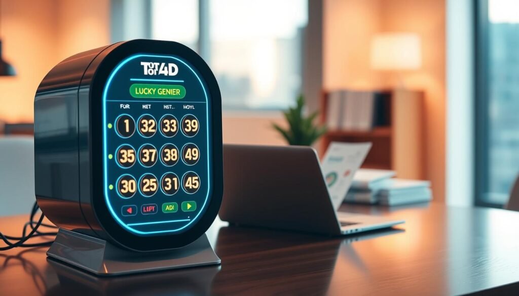 A modern, sleek Toto 4D lucky number generator displayed prominently in the foreground, showcasing a digital interface with vibrant, glowing numbers and symbols. The middle ground features a stylish, minimalist workspace with a polished wooden desk containing a laptop, lottery ticket pads, and a small potted plant. The background is softly blurred, revealing a contemporary office environment with warm lighting to create an inviting atmosphere. The composition should reflect a sense of excitement and anticipation, emphasizing the idea of luck and possibility. Use gentle, ambient lighting to enhance the focus on the number generator, and capture the scene from a slight angle to provide depth and interest.