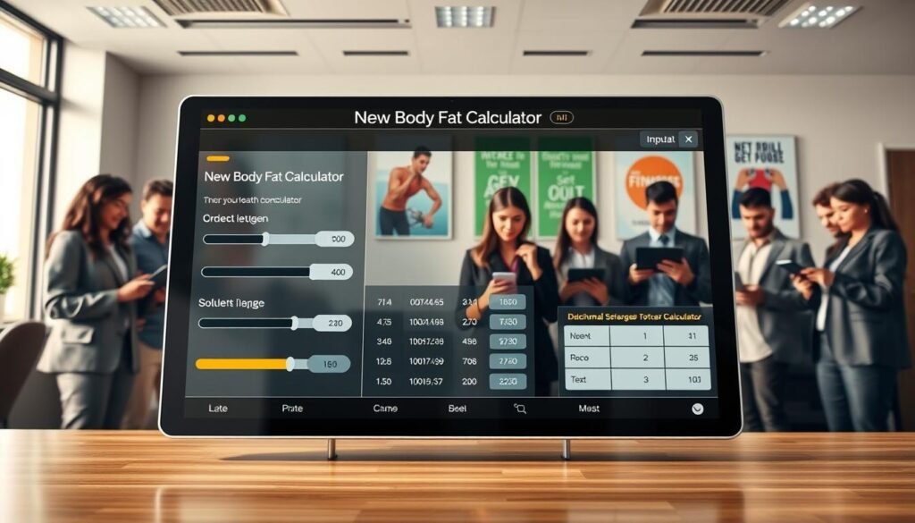 A modern, sleek digital interface of the "New Army Body Fat Calculator" prominently displayed in the foreground, showcasing a user-friendly design with interactive sliders and data fields for input. The middle layer features a diverse group of individuals in professional business attire, actively engaging with the calculator on tablets and laptops, demonstrating a collaborative environment. In the background, an inviting office setting with neutral tones, featuring motivational posters related to fitness and wellness. Soft, natural lighting filters in through large windows, creating a warm and encouraging atmosphere. The angle is slightly top-down, providing a comprehensive view of the calculator and the engaged users, emphasizing innovation and professionalism in military health assessment tools. A modern, sleek digital interface of the "New Army Body Fat Calculator" prominently displayed in the foreground, showcasing a user-friendly design with interactive sliders and data fields for input. The middle layer features a diverse group of individuals in professional business attire, actively engaging with the calculator on tablets and laptops, demonstrating a collaborative environment. In the background, an inviting office setting with neutral tones, featuring motivational posters related to fitness and wellness. Soft, natural lighting filters in through large windows, creating a warm and encouraging atmosphere. The angle is slightly top-down, providing a comprehensive view of the calculator and the engaged users, emphasizing innovation and professionalism in military health assessment tools.