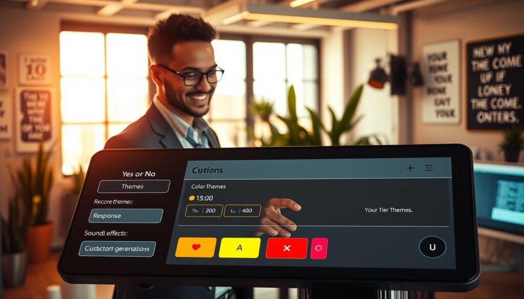 A modern, sleek digital interface showcasing customization options for a Yes or No generator tool. In the foreground, display a well-designed user interface panel featuring buttons for color themes, response types, and sound effects. The middle ground reveals a user (a professional in business attire) engaged with the tool, smiling as they interact with a touchscreen display. In the background, a bright and inviting workspace filled with motivational quotes on the walls, plants, and a large window allowing natural light to illuminate the scene. The mood is upbeat and encouraging, with warm lighting highlighting the user’s enthusiasm. Capture the scene with a slight angle for depth and realism, using a soft focus on the background and clear detail on the interface.